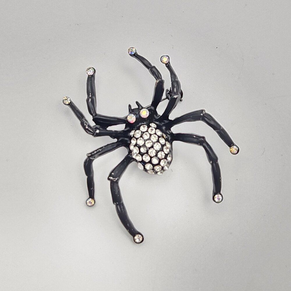 Spider Brooch Pin Black Metal Clear Rhinestones Embellishment Jewelry Whimsigoth